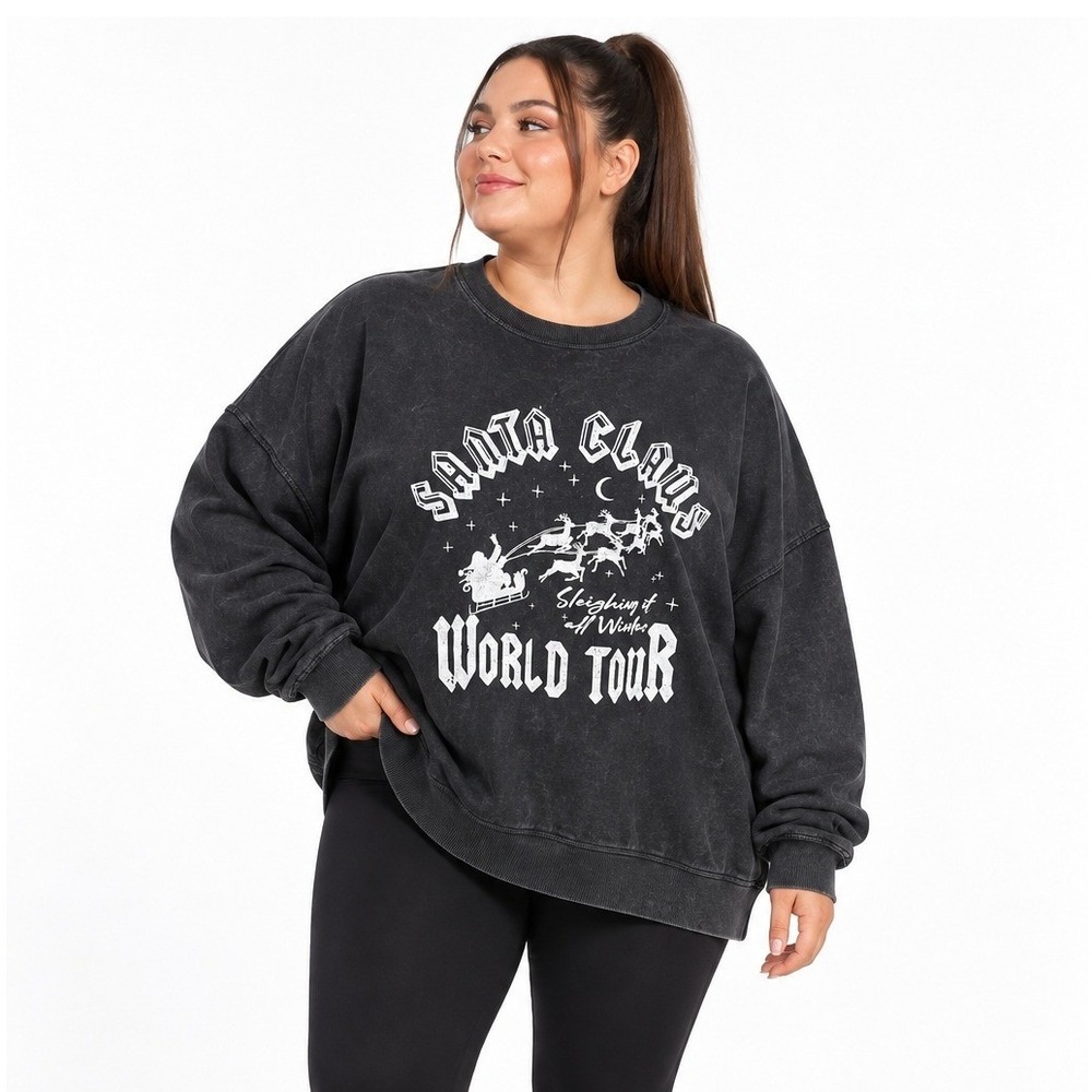 Santa Claus World Tour Sweatshirt 3X Washed Black Oversized Christmas Retro